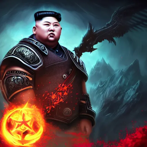 Image similar to portrait of kim - jong un as a spellcaster, league of legends amazing splashscreen artwork, gears of war, propaganda, sovjet, splash art, natural light, elegant, photorealistic facial features, intricate, fantasy, detailed face, atmospheric lighting, anamorphic lens flare, cinematic lighting, league of legends splash art, hd wallpaper, ultra high details by greg rutkowski