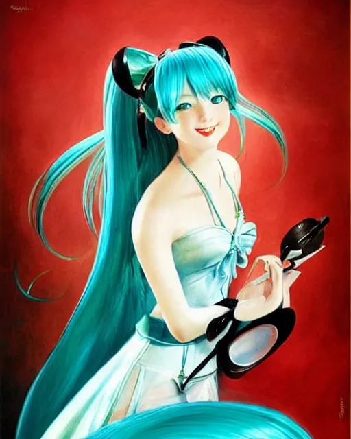 Image similar to A very very beautiful painting of Hatsune Miku by Gil Elvgren