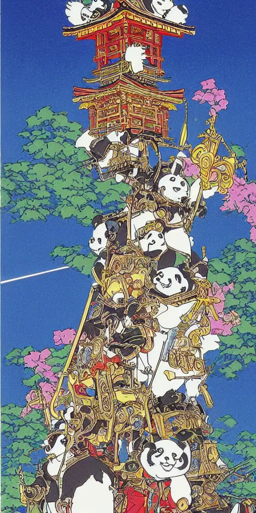 Image similar to a chariot drawn by pandas in japan, 1990s anime, full color, tarot card the chariot,