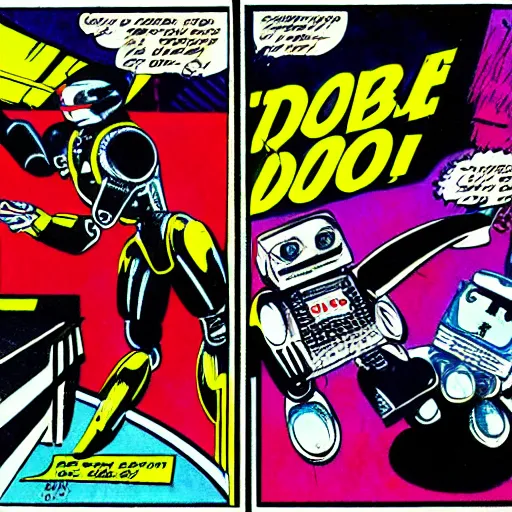 Prompt: Futuristic rockstar robot performing amazing show for robot audience double page spread award winning artwork 1980s comicbook