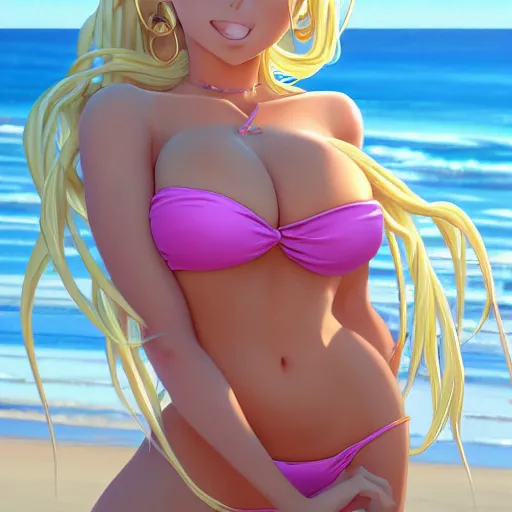 Prompt: a very beautiful anime Jayne Mansfield, full body, long braided curly blonde hair, twisted braids, golden watery eyes, full round face, short smile, pale pink bikini, serene beach setting, cinematic lightning, medium shot, mid-shot, highly detailed, trending on artstation, Cryengine, Raytracing, 4k, cinematic wallpaper by Mort Kunstler, Gil Elvgren, Robert Maguire, Rudolph Belarski, Samson Pollen, Victor Prezio, and Mort Drucker