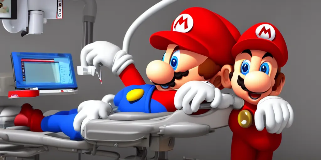 Prompt: anthropomorphic mario as an anesthesiologist, sitting in chair, ventilator machine, photo