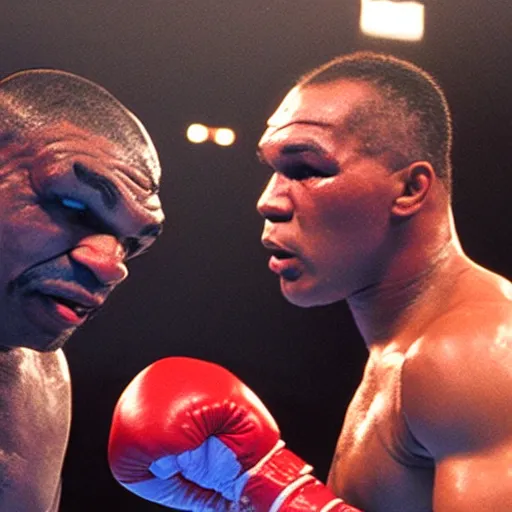 Prompt: mike tyson and muhammad ali boxing fight, volumetric lighting, very coherent