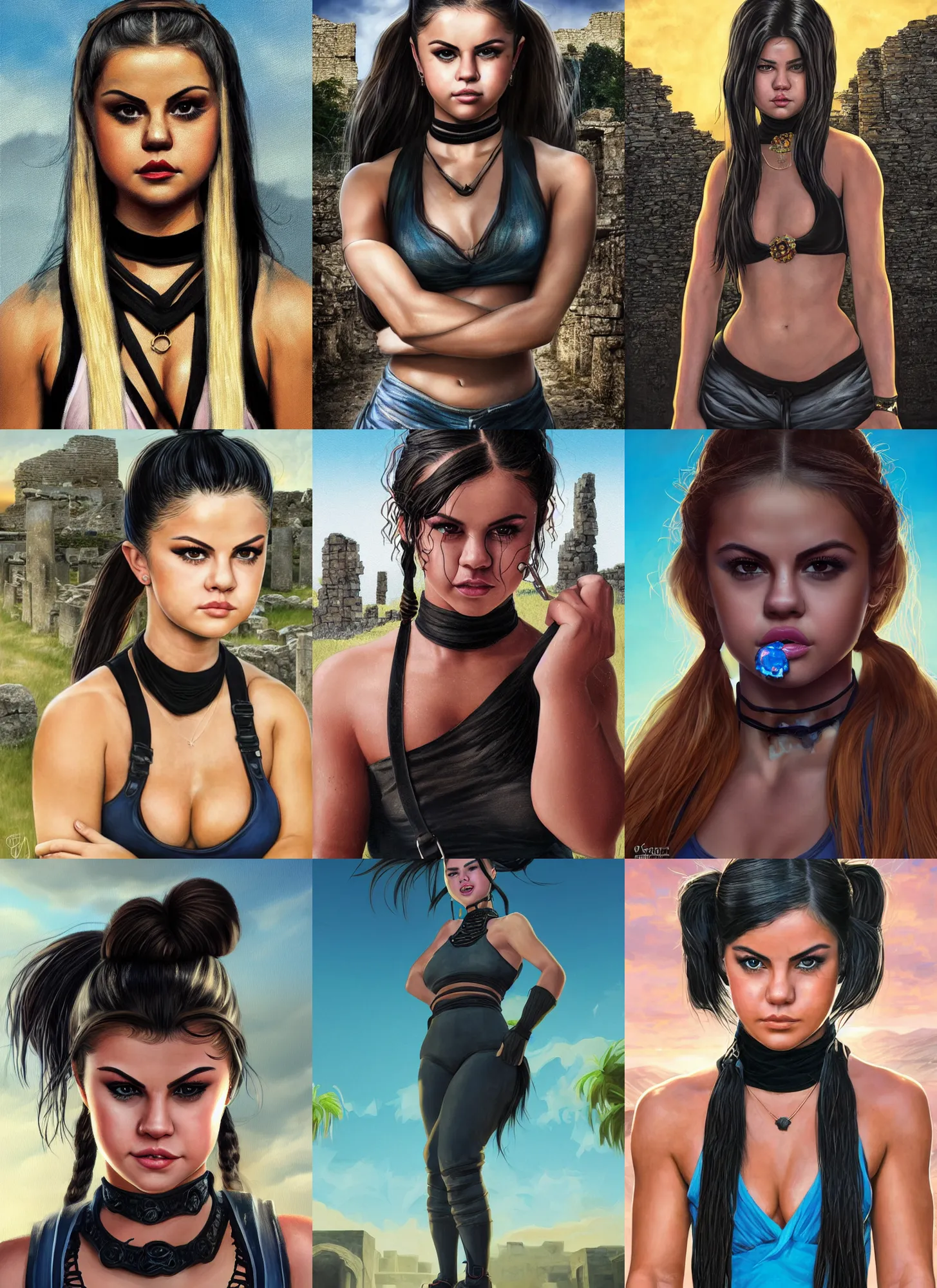 Prompt: portrait of very muscled Selena Gomez with pigtails hair and bright blue squinting eyes looking directly into the camera, mouth slightly open, wearing intricate black choker, walking sweaty out epic ancient ruins, golden hour, elegant style, highly detailed, centered, sharp digital painting, artstation, concept art, smooth, sharp focus, illustration, Jean Taggart, John Piccasio