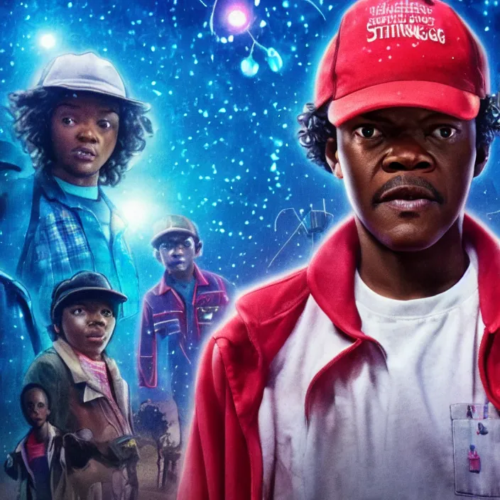 Image similar to film still of Samuel L Jackson in Stranger Things season finale, 4k