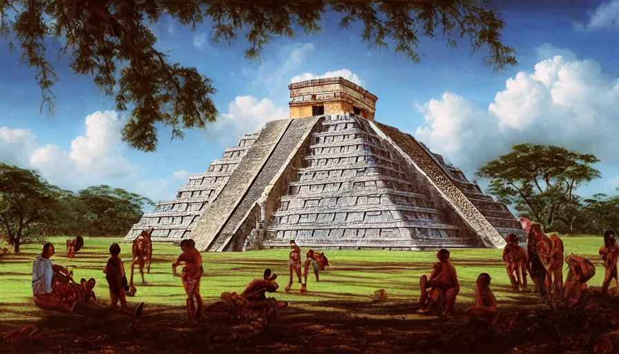 Image similar to excellent painted mayan city Chichen Itza 900 AD in a wide epic beautiful landscape somewhere in mexico with fluffy clouds, painted by Hans Fredrik Gude, Greg Rutkowksi, Craig Mullins and Artgerm, masterpiece, 4k, ultra realistic highly detailed oil painting