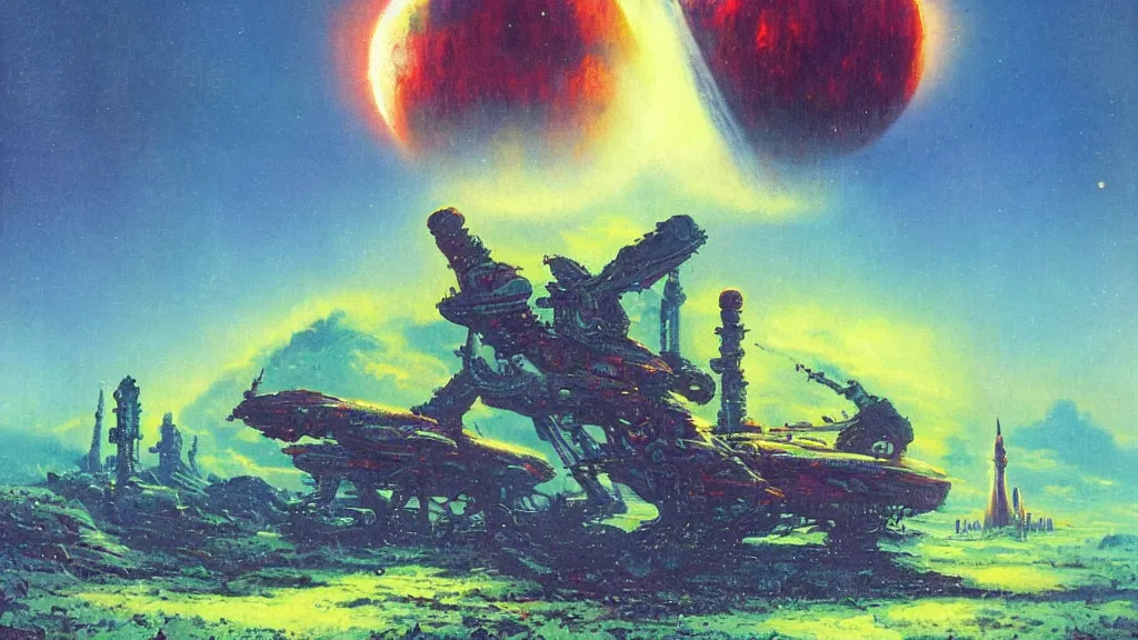 Image similar to a tall rocketship landing on a strange eerie alien planet by Paul Lehr and Bruce Pennington