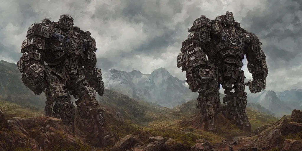 Prompt: legs of steel titan colossus in pacing through hills, river, mountain valley to factory, with huge gears, fine art, artstation, matte painting, masterpiece by vasnetsov
