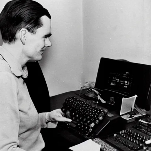 Image similar to alan turing with joan elisabeth lowther using a modern computer