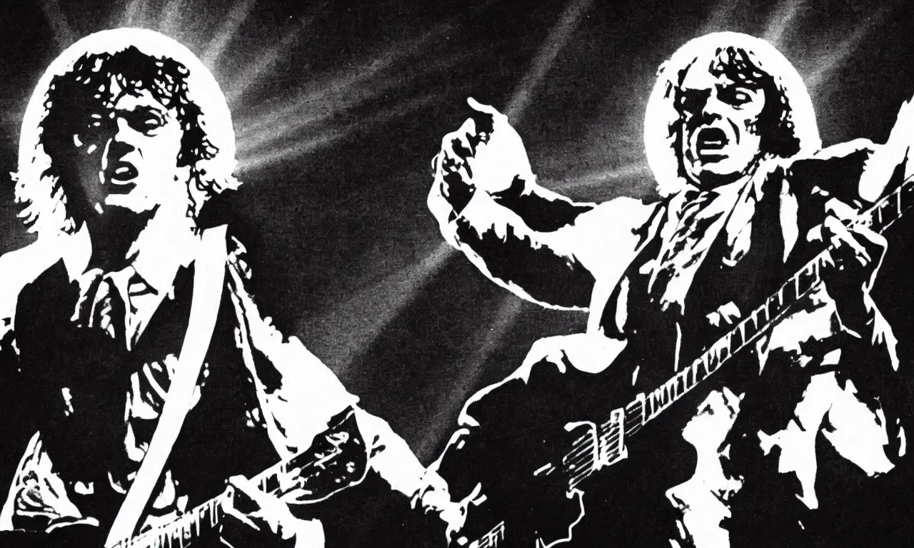 Prompt: a heavenly angus young from ac/dc with a halo surrounded by angels