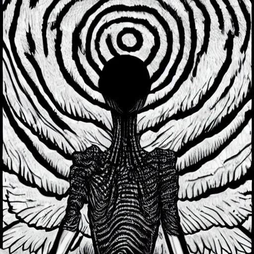 Prompt: synthetic eldritch entity in the style of junji ito, manga, biblically accurate angel, multi - ringed with multiple eyes