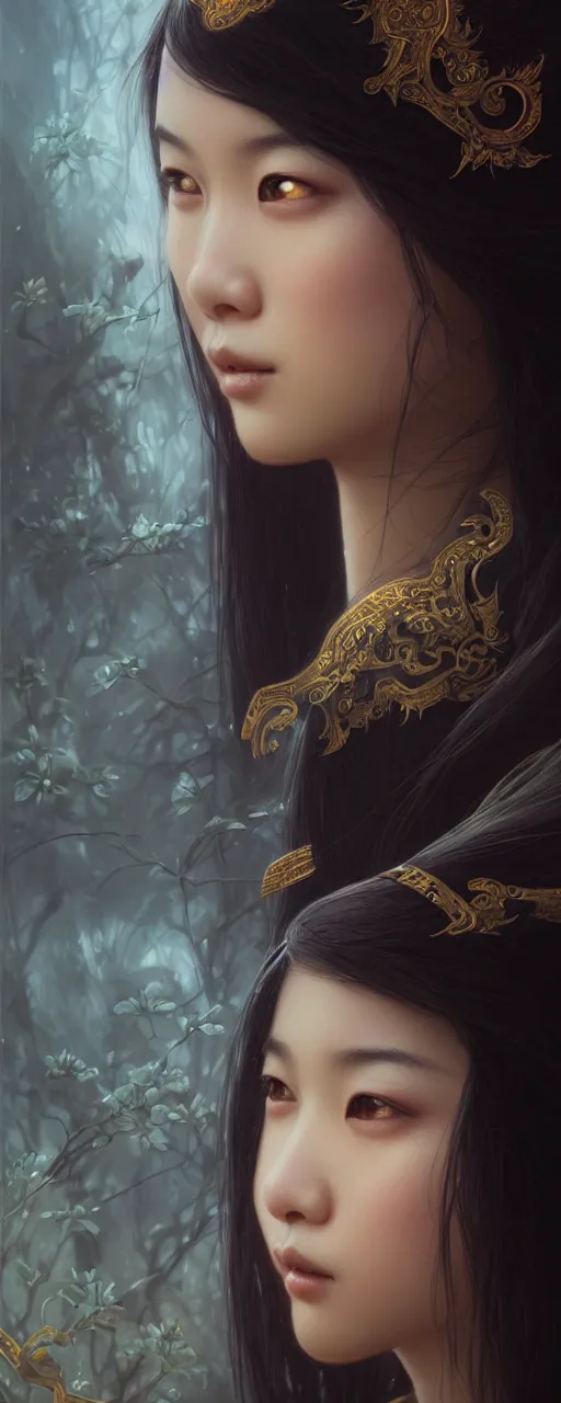 Image similar to beautiful Asian girl 3/4 profile portrait, dark fantasy esoteric , closeup, D&D, fantasy, intricate, elegant, highly detailed, digital painting, artstation, concept art, matte, sharp focus, illustration, art by Artgerm and Tom Bagshaw and Greg Rutkowski and Alphonse Mucha