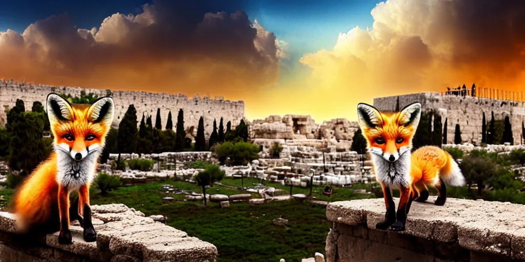 Prompt: a adorable small fox in the huge ruins of the second temple in jerusalem in the distance. the third temple hovers quietly hiding in the dreamy clouds above. a hooded bearded old man in a brown tunic laughing, colorful 8 k, art station, intricate superb details, digital art, cinematic, bokeh dof sky, by jim warren.