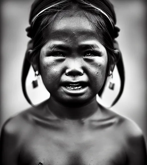 Prompt: Award winning Editorial photograph of a Hawaiian girl by Lee Jeffries, 85mm ND 4, perfect lighting, wearing traditional garb, With huge sharp jagged Tusks and sharp horns, gelatin silver process