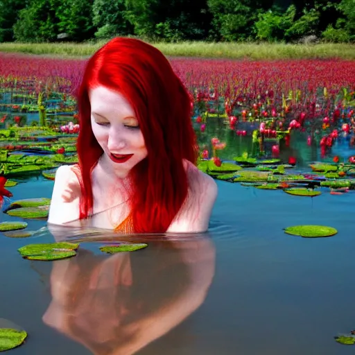 Image similar to A red-haired girl bathes in a lake where water lilies are floating, High definition, detailed,