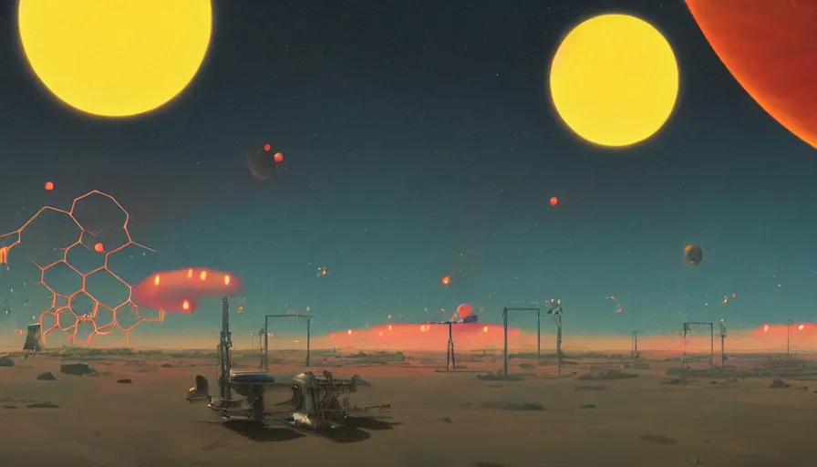 Image similar to hexagons launching from earth to the sun, planet earth in foreground, simon stalenhag