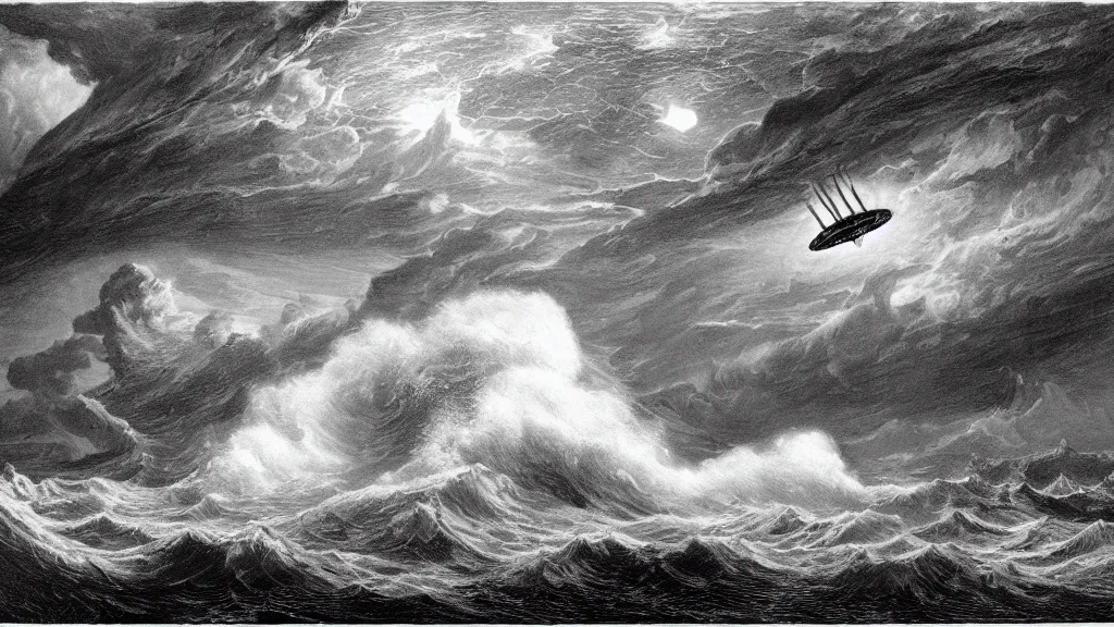 Prompt: drawing of an alien spacecraft flying above a stormy ocean, by gustave dore, nineteenth century, black and white, vintage, science fiction, epic composition, dramatic lighting, highly detailed, cinematic