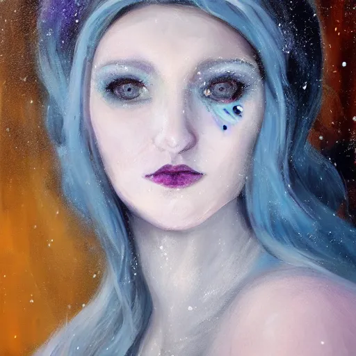 Image similar to ‘ icewind dale ’ themed womanly portrait by ‘ justin sweet ’, frost blue mask, falling snow, soft focus, oil paint,