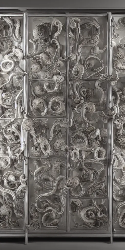 Image similar to a wideshreen photo of a huge cabinet full of octopuses cinematic lighting, silverplate, hyper realistic, very detailed, Octane render 8k