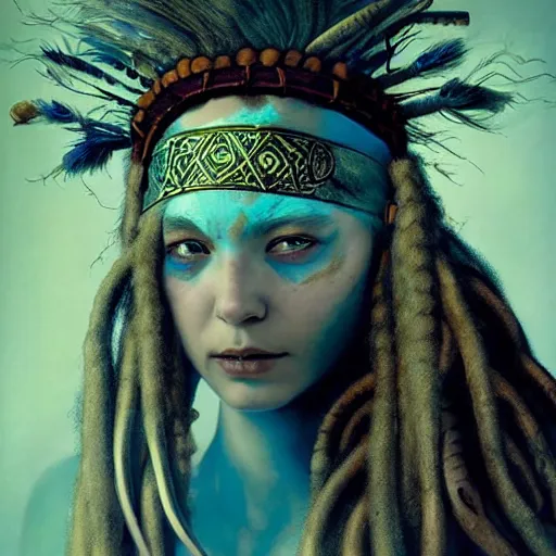 Image similar to A young blindfolded shaman woman with a decorated headband, in the style of heilung, blue hair dreadlocks and wood on her head, atmospheric lighting, intricate detail, cgsociety, ambient light, dynamic lighting, made by karol bak