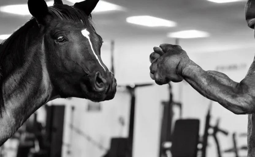 Image similar to two legged horse with big hands in a gym, shaking hands. holding weight. turning right, standing down.