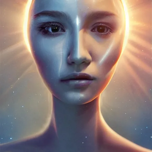 Image similar to 3 d, sci - fi, close - up, night, smiling fashion model face, sun, cinematic, clouds, sun rays, vogue cover style, poster art, blue mood, realistic painting, intricate oil painting, high detail illustration, figurative art, multiple exposure, poster art, 3 d, by tooth wu and wlop and beeple and greg rutkowski