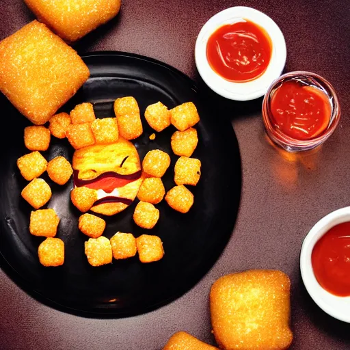 Image similar to food photo of channing tatum's face on top of giant tater tot on a plate with ketchup