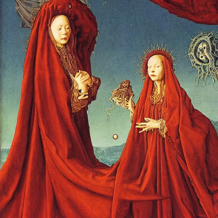 Prompt: a closeup portrait of a cloaked woman floating next to an octopus nebula, octopus nebula, by jan van eyck