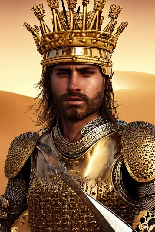 Image similar to photo-realistic Portrait of the King of the Desert, Warrior Man, standing in Sand, detailed scene, Gold Armour and Crown, Sword, handsome attractive face, beautiful face, photo realistic, highly detailed, dramatic lighting, majestic, trending on artstation, elegant, intricate, highly detailed, digital painting, concept art, by artgerm