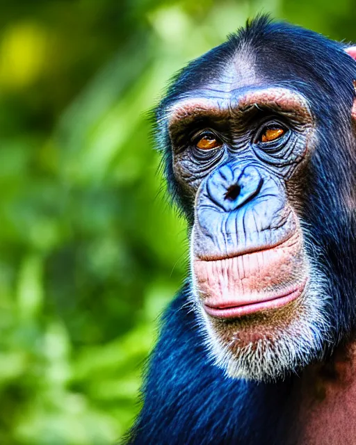 Image similar to gold, blue, photo of a chimpanzee, 8 k, 8 5 mm f 1. 8