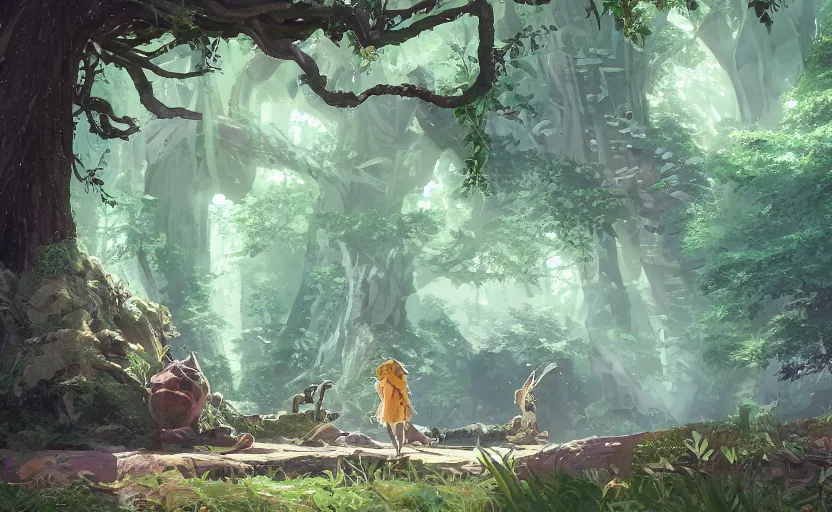 Prompt: a bounty hunter and her cat companion their woodland home in a fantasy studio ghibli animated film, d & d, fantasy concept art, global illumination, beautiful composition, volumetric lighting, octane render by studio ghibli and christopher balaskas, highly detailed