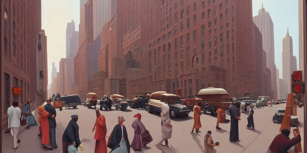 Image similar to new york city street in the morning, oil painting by george tooker