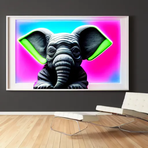 Image similar to a neon elephant yoda, placed in a large living room, art designers magazine HD photo superrealism 3d 8k resolution