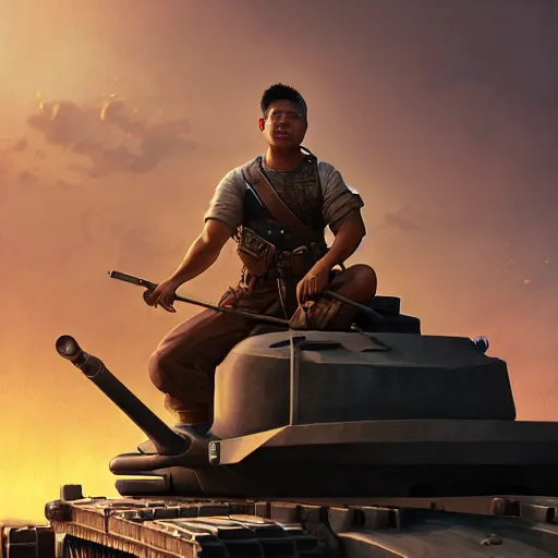 Prompt: portrait of a filipino man sitting on a tank holding a scepter and eating popcorn, unreal engine, fantasy art by randy vargas global illumination, radiant light, detailed and intricate environment by greg rutkowski