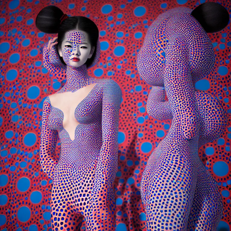 Image similar to hyperrealistic detailed image of a geisha in a art installation room, hd smooth interior by yayoi kusama, part by kei mieno, part by ross tran, dark art by james jean, ultra realistic, highly detailed, life like face, detailed body, 8 k, 3 d render by roger magrini, very cohesive, masterpiece