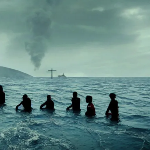 Image similar to Realistic cinematic views of a migrant crisis created through climate change