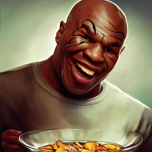 Image similar to mike tyson hungrily reaching into a bowl full of magic mushrooms, artgerm, artstation