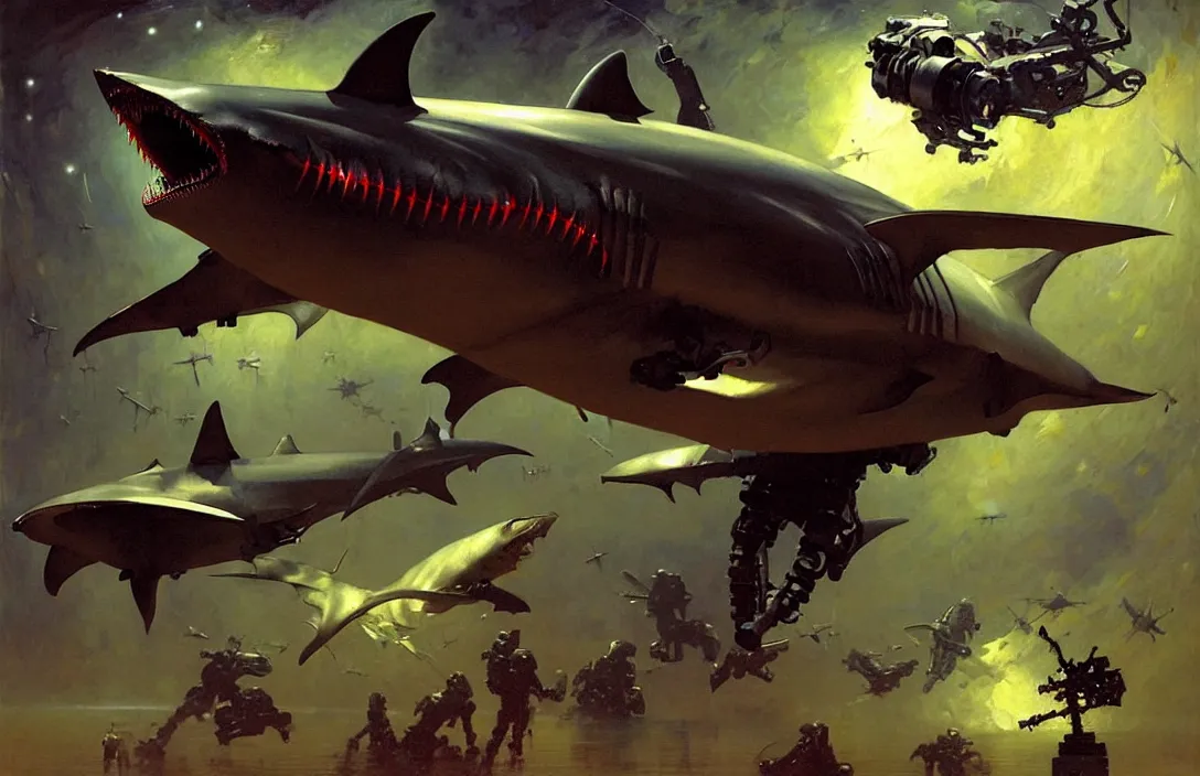 Image similar to a robotic space shark, detailed painting, epic lighting, by ilya repin, phil hale and kent williams