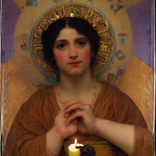 Image similar to a renaissance oil painting portrait by alma tadema of a holy divine prophet beautiful saint banda bear, dark lit candles, colourful pastel, detailed academic bouguereau, sharp focus, high contrast studio lighting