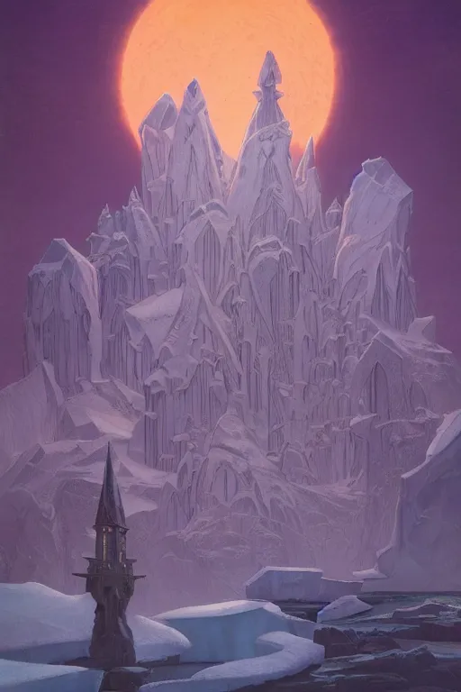 Prompt: tower of the ice king lit up at twilight, by Sylvain Sarrailh and Nicholas Roerich and jean delville and Tyler Edlin and William Dyce, dramatic cinematic lighting , beautiful garden, ornate carved architecture, smooth, sharp focus, extremely detailed