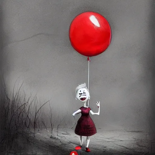 Image similar to grunge cartoon landscape sketch of bilie eilish with a wide smile and a red balloon by - michal karcz, loony toons style, pennywise style, mona lisa style, horror theme, detailed, elegant, intricate