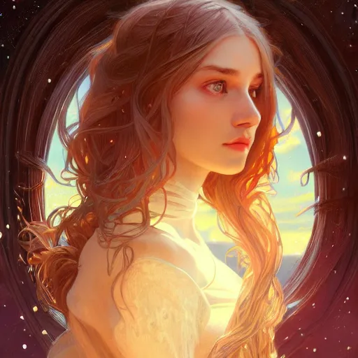 Image similar to girl with super long hair, hair becoming bright stars, intricate, highly detailed, digital painting, artstation, concept art, smooth, sharp focus, illustration, unreal engine 5, 8 k, art by artgerm and greg rutkowski and alphonse mucha