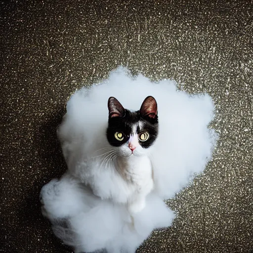 Prompt: a photo of a cat in a cloud of glitter, f 1. 4