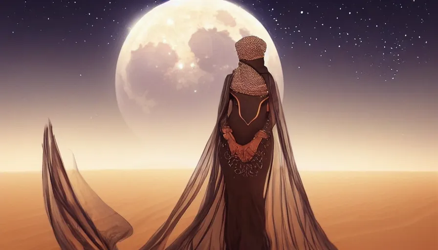 Prompt: Portrait of very very very very very very beautiful Arab woman wearing a Niqab, under giant full moon in the desert, intricate, glowing magical eyes, energy trails, elegant, highly detailed, digital painting, artstation, concept art, smooth, sharp focus, illustration, art by artgerm and greg rutkowski and alphonse mucha