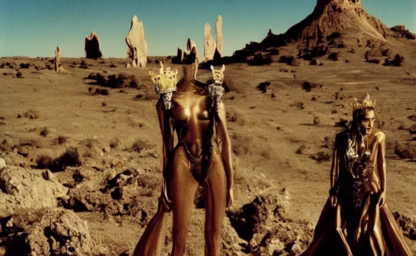 Image similar to portrait of salvador dali wearing a crown and golden dress with jewels in a dry rocky desert landscape, visible sky and sunny atmosphere, alien ruins by giger in the background, film still from the movie by alejandro jodorowsky with cinematogrophy of christopher doyle and art direction by hans giger, anamorphic lens, kodakchrome, very detailed photo, 8 k