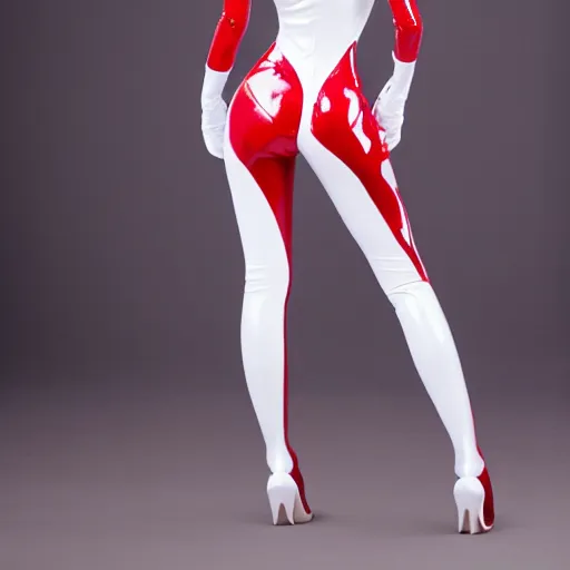 Image similar to very detailed full-length back photo of European anime cosplayer girl wearing white and red latex costume, studio photo, anatomically correct, pretty face, fine-face, smooth, sharp focus, UHD, 8k