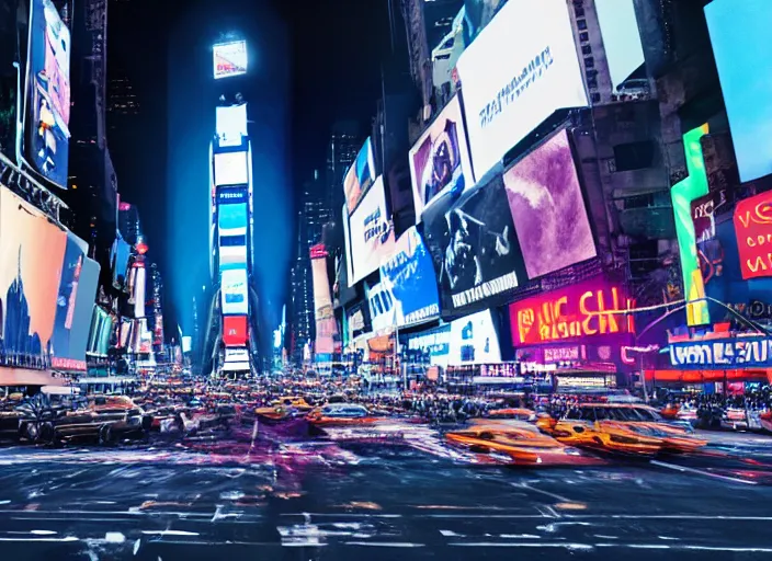 Prompt: film still of the moon shattering into pieces over time square in the new sci - fi movie, 8 k, night time