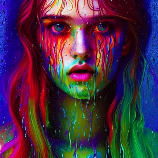 Prompt: portrait of girl in colored psychedelic rain with wet hair and face, fantasy, intricate, elegant, dramatic lighting, elated emotion, highly detailed, lifelike, photorealistic, digital painting, artstation, concept art, smooth, sharp focus, illustration, art by John Collier and Albert Aublet and Krenz Cushart and Artem Demura and Alphonse Mucha