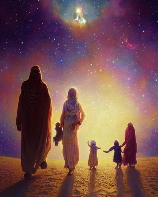 Image similar to bedouin man and woman and child in galaxy walking towards mosque surrounded by nebula, highly detailed, gold filigree, romantic storybook fantasy, soft cinematic lighting, award, disney concept art watercolor illustration by mandy jurgens and alphonse mucha and alena aenami, pastel color palette, featured on artstation