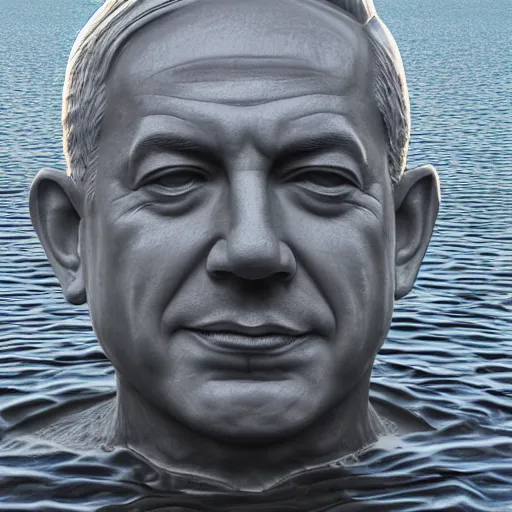 Image similar to a giant benjamin netanyahu sculpture made out of jelly, in the sea, long shot, hyper detailed, hyper realistic, ray tracing, 8 k resolution, sharp focus, realistic water, award winning